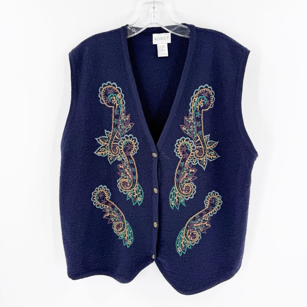 Vintage Koret Wool Embroidered Vest L Boho Cottagecore Grannycore